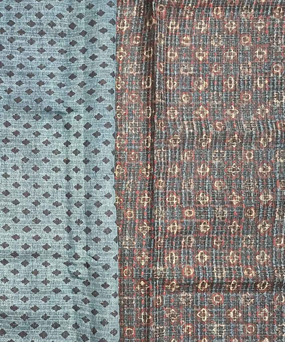 Red blue handloom ajrakh silk saree