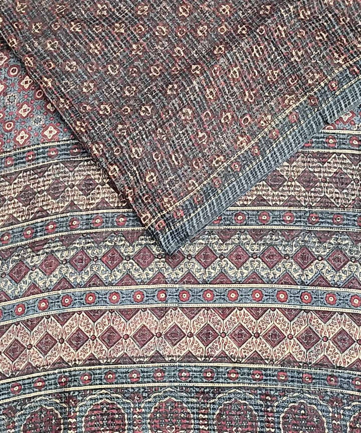 Red blue handloom ajrakh silk saree