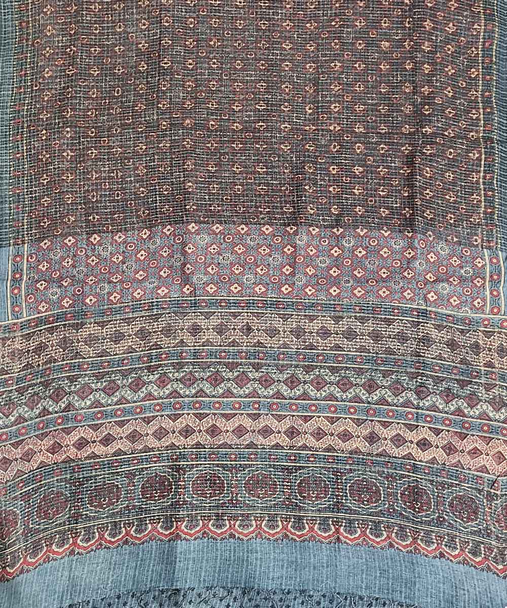 Red blue handloom ajrakh silk saree