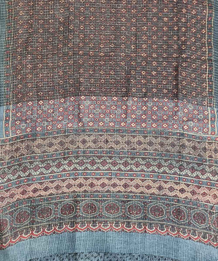 Red blue handloom ajrakh silk saree