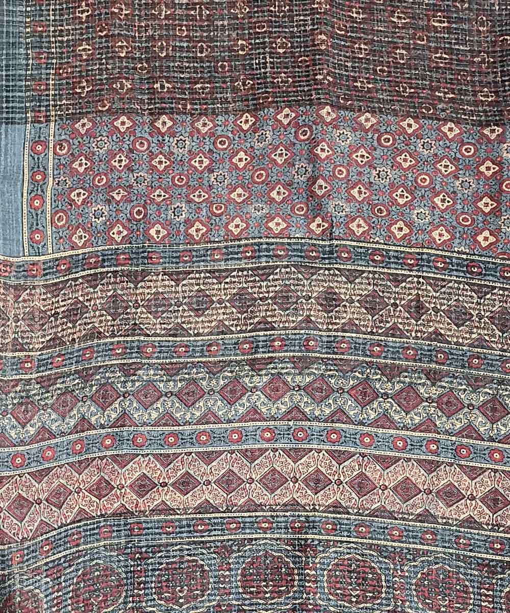 Red blue handloom ajrakh silk saree