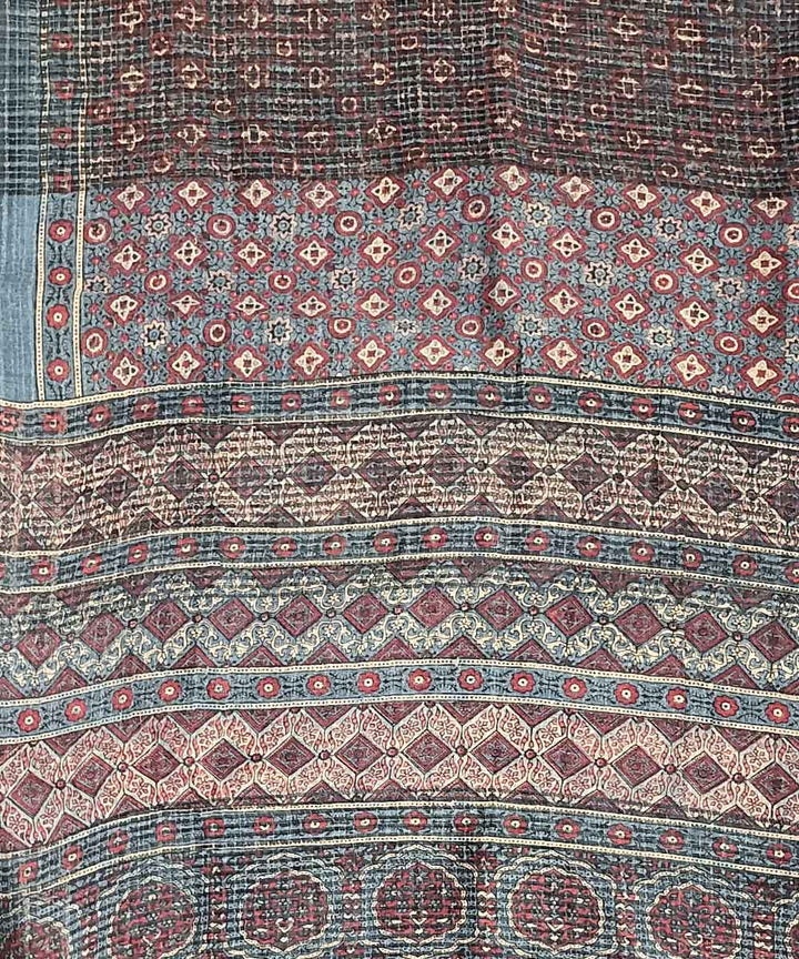 Red blue handloom ajrakh silk saree