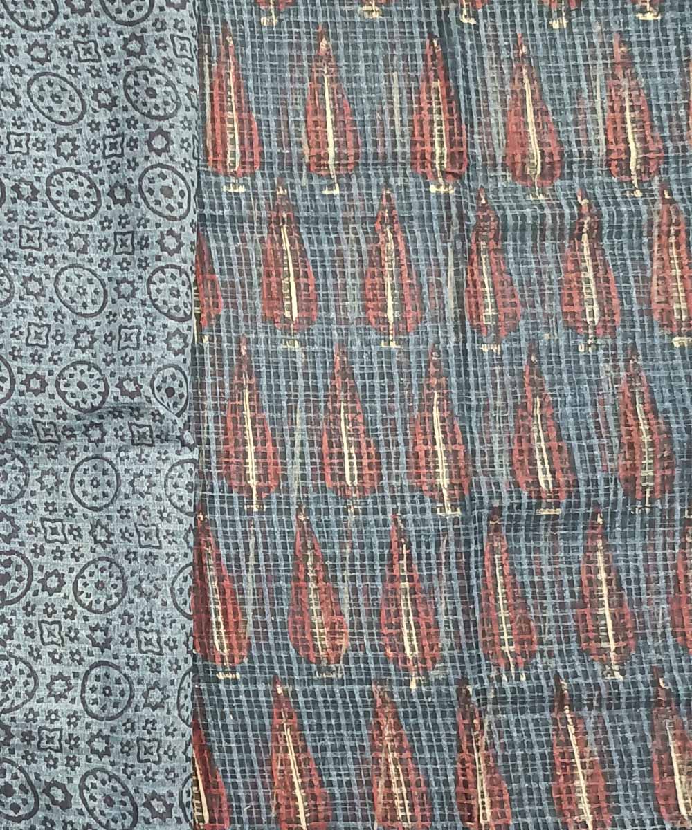 Red blue silk handloom ajrakh saree