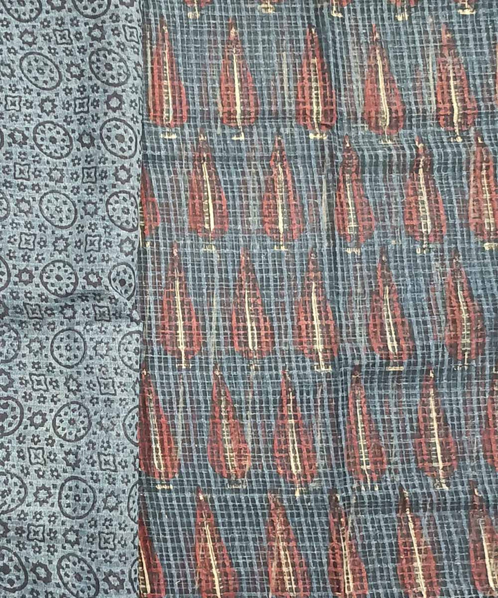 Red blue silk handloom ajrakh saree