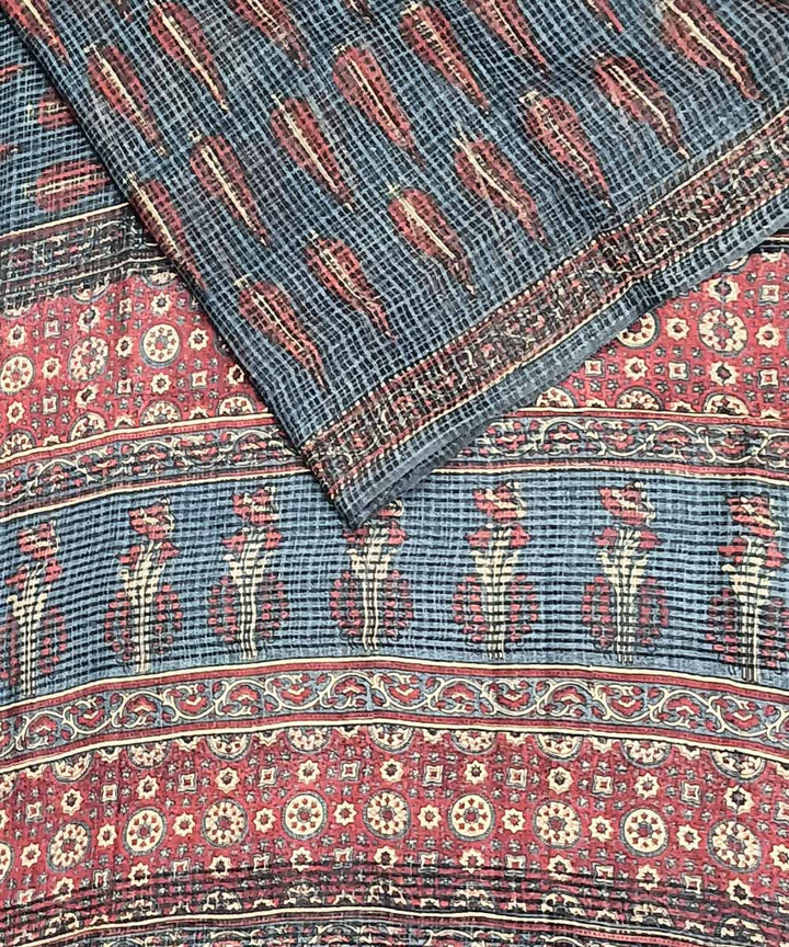 Red blue silk handloom ajrakh saree