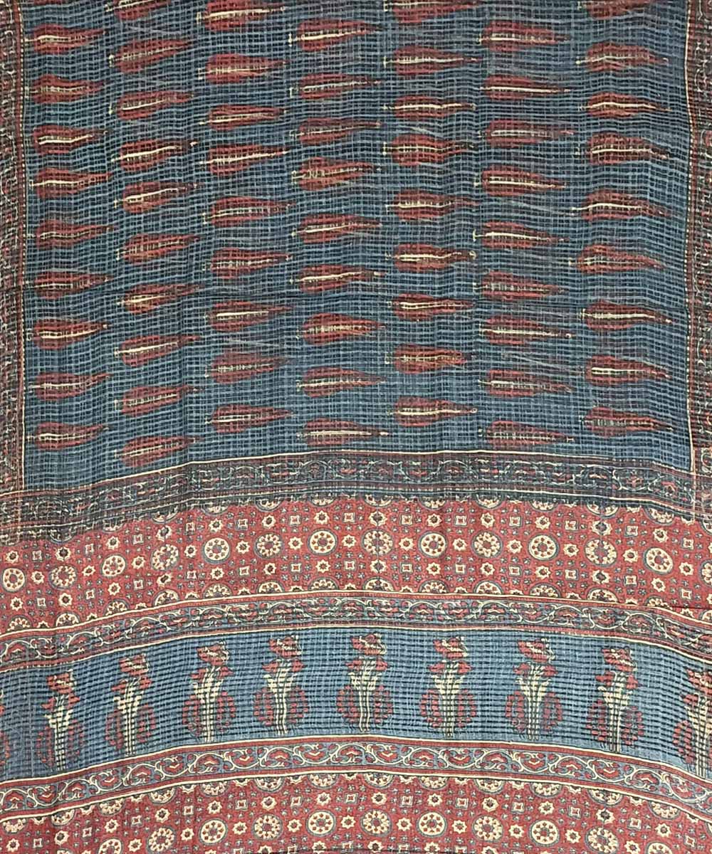 Red blue silk handloom ajrakh saree