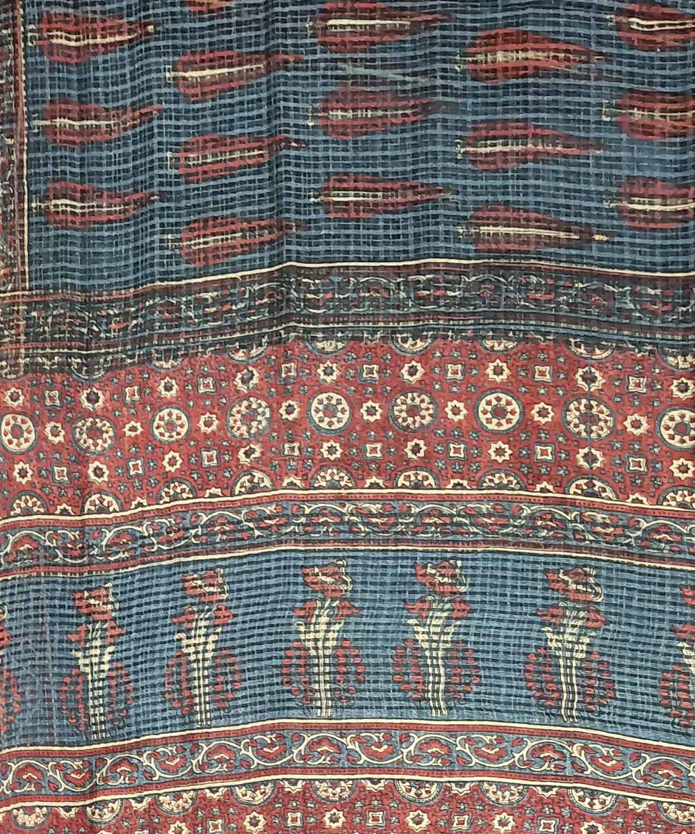 Red blue silk handloom ajrakh saree