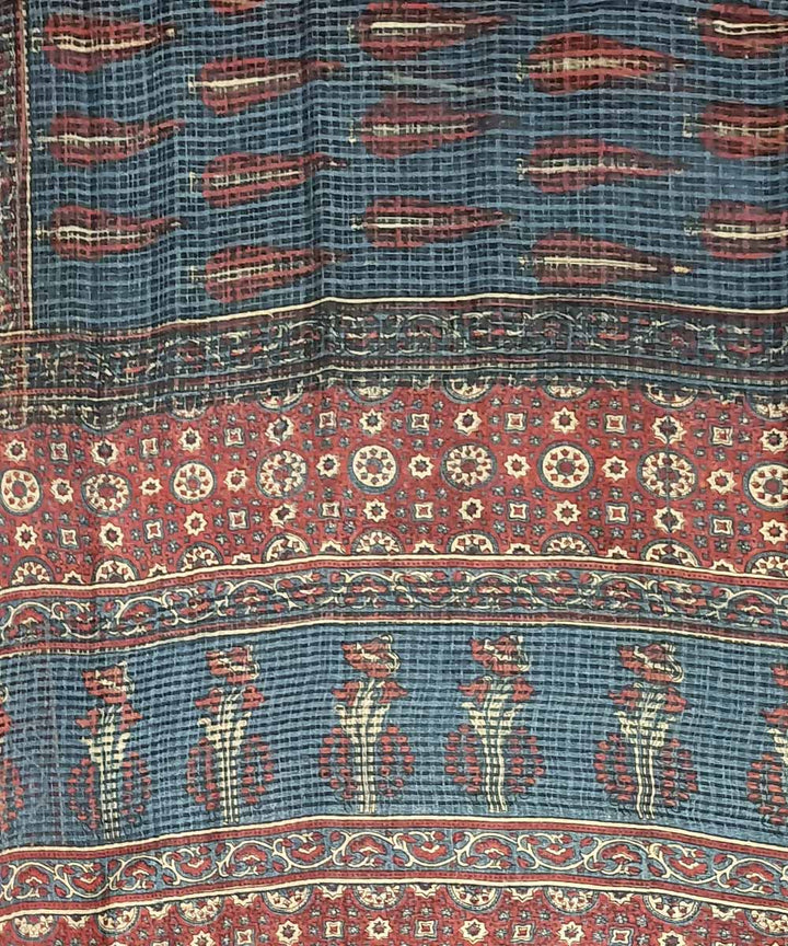 Red blue silk handloom ajrakh saree