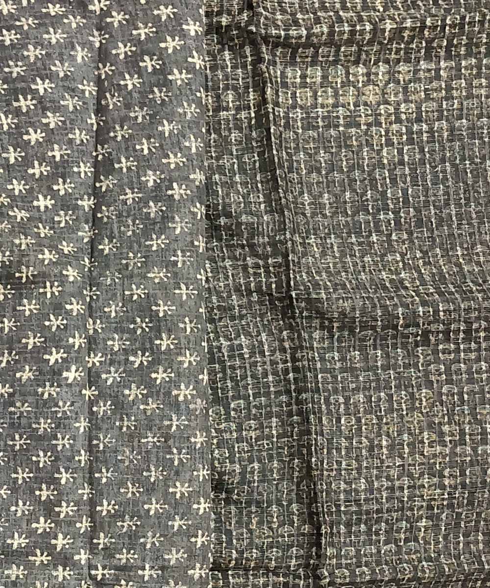 Grey white handloom ajrakh silk saree