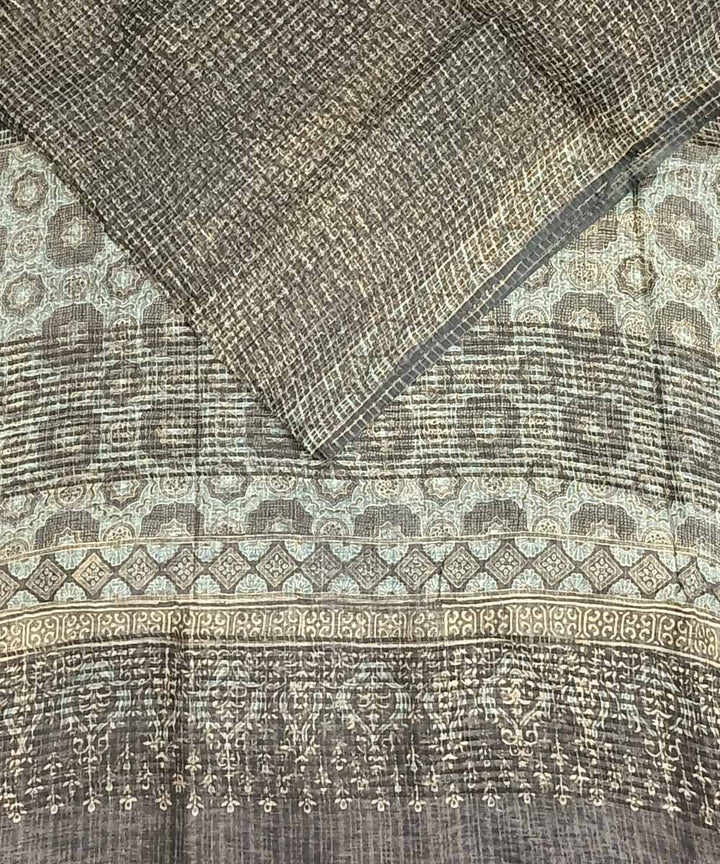 Grey white handloom ajrakh silk saree