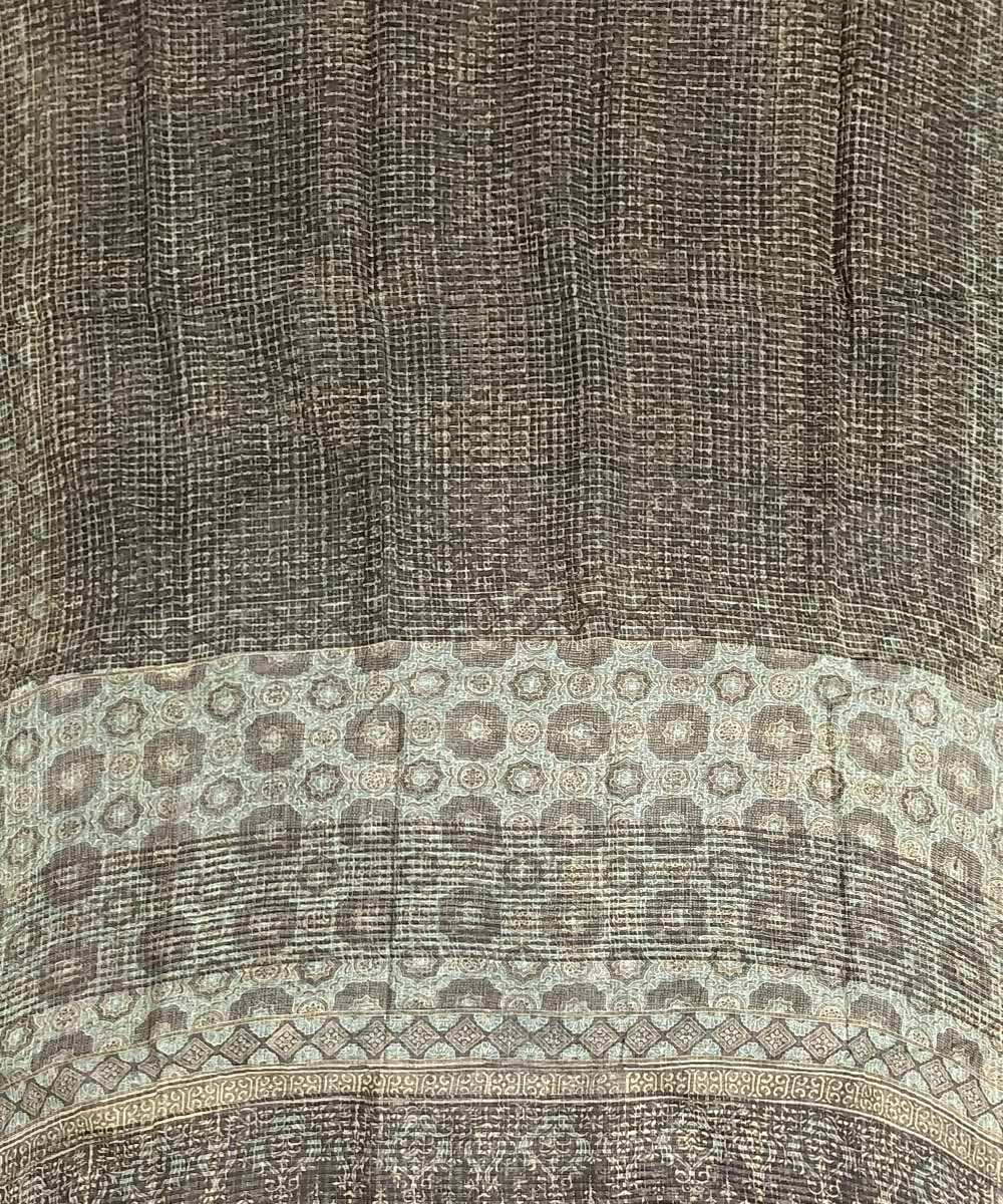 Grey white handloom ajrakh silk saree