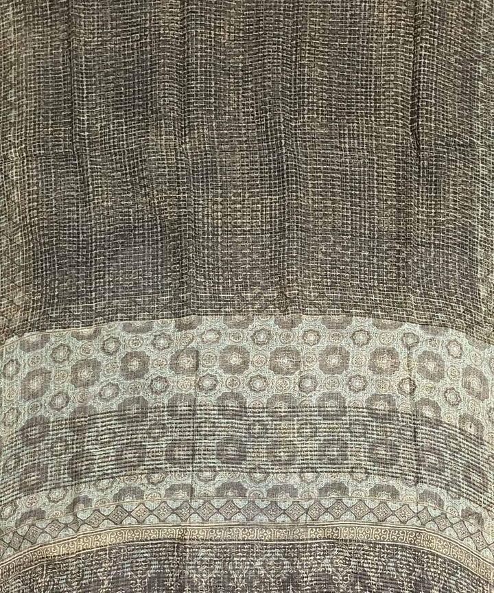 Grey white handloom ajrakh silk saree