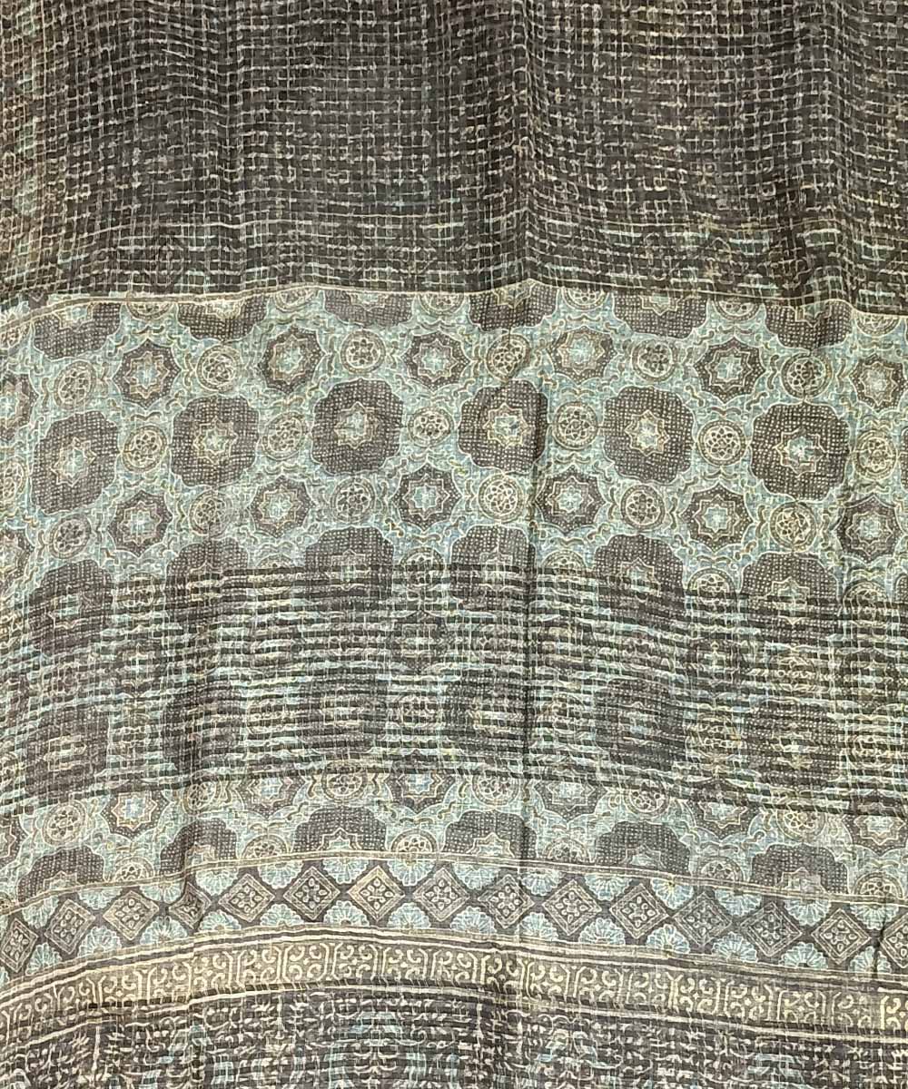 Grey white handloom ajrakh silk saree