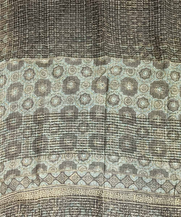Grey white handloom ajrakh silk saree