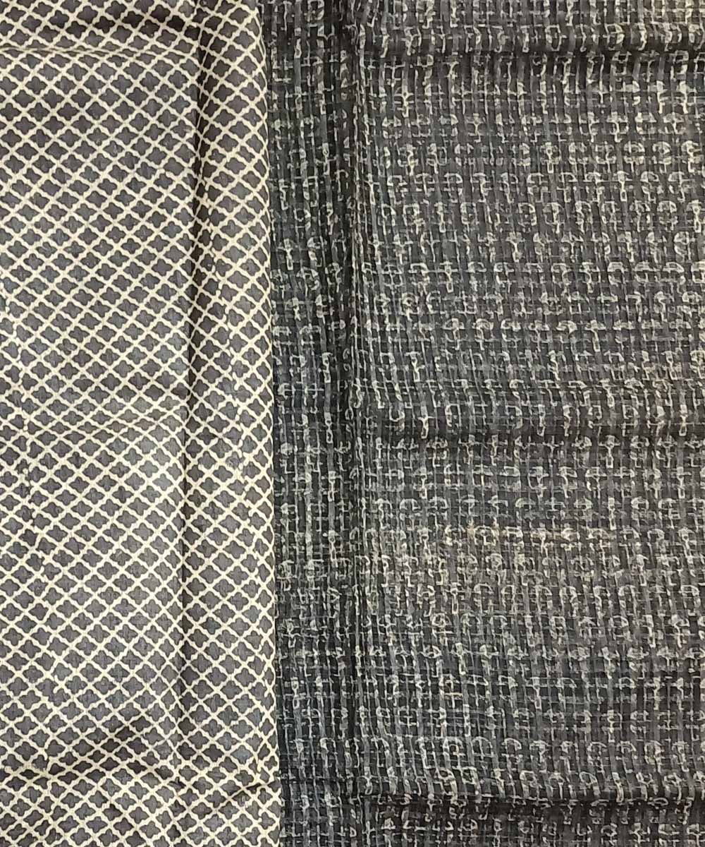 Grey white silk handloom ajrakh saree