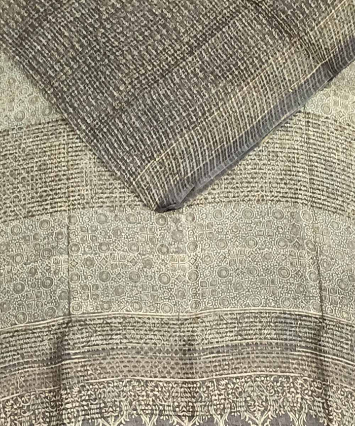 Grey white silk handloom ajrakh saree