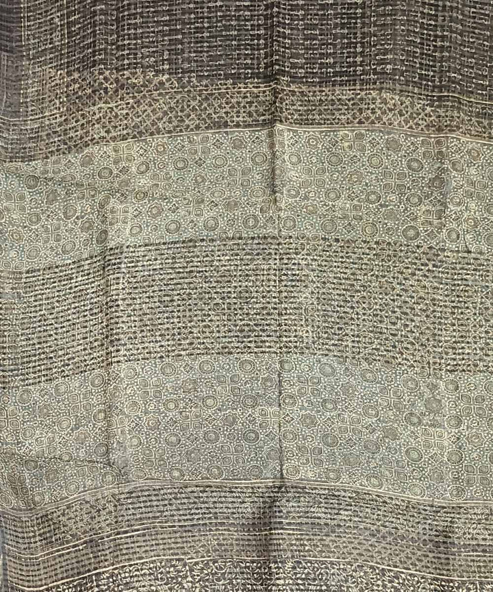 Grey white silk handloom ajrakh saree
