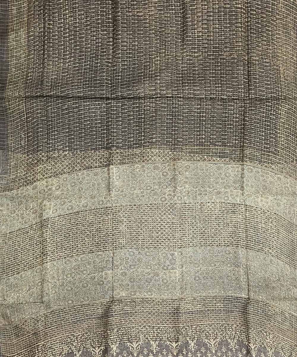 Grey white silk handloom ajrakh saree