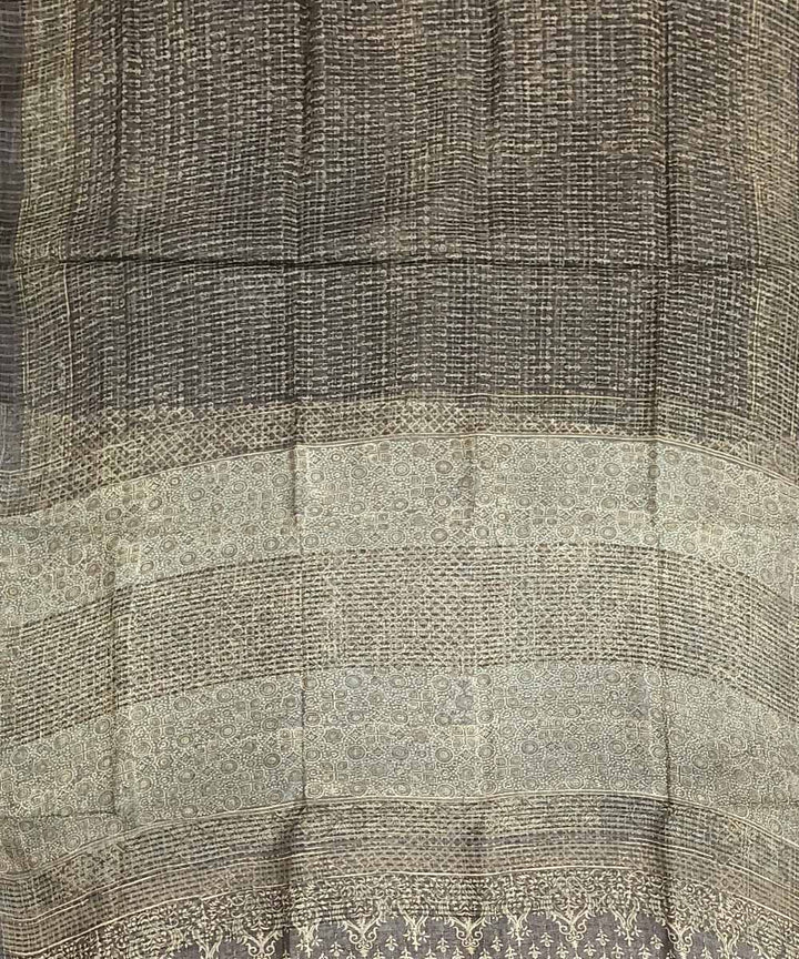 Grey white silk handloom ajrakh saree