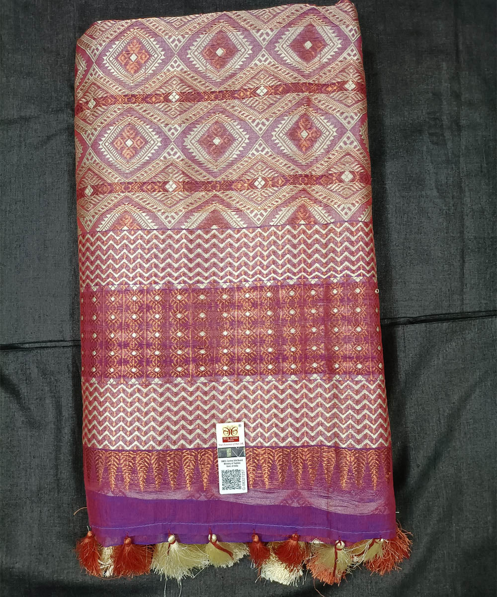 Purple yellow silk handloom assam saree