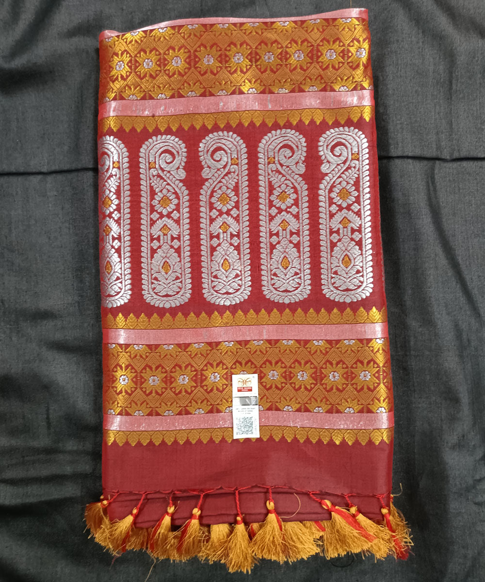 Maroon white silk handloom assam saree