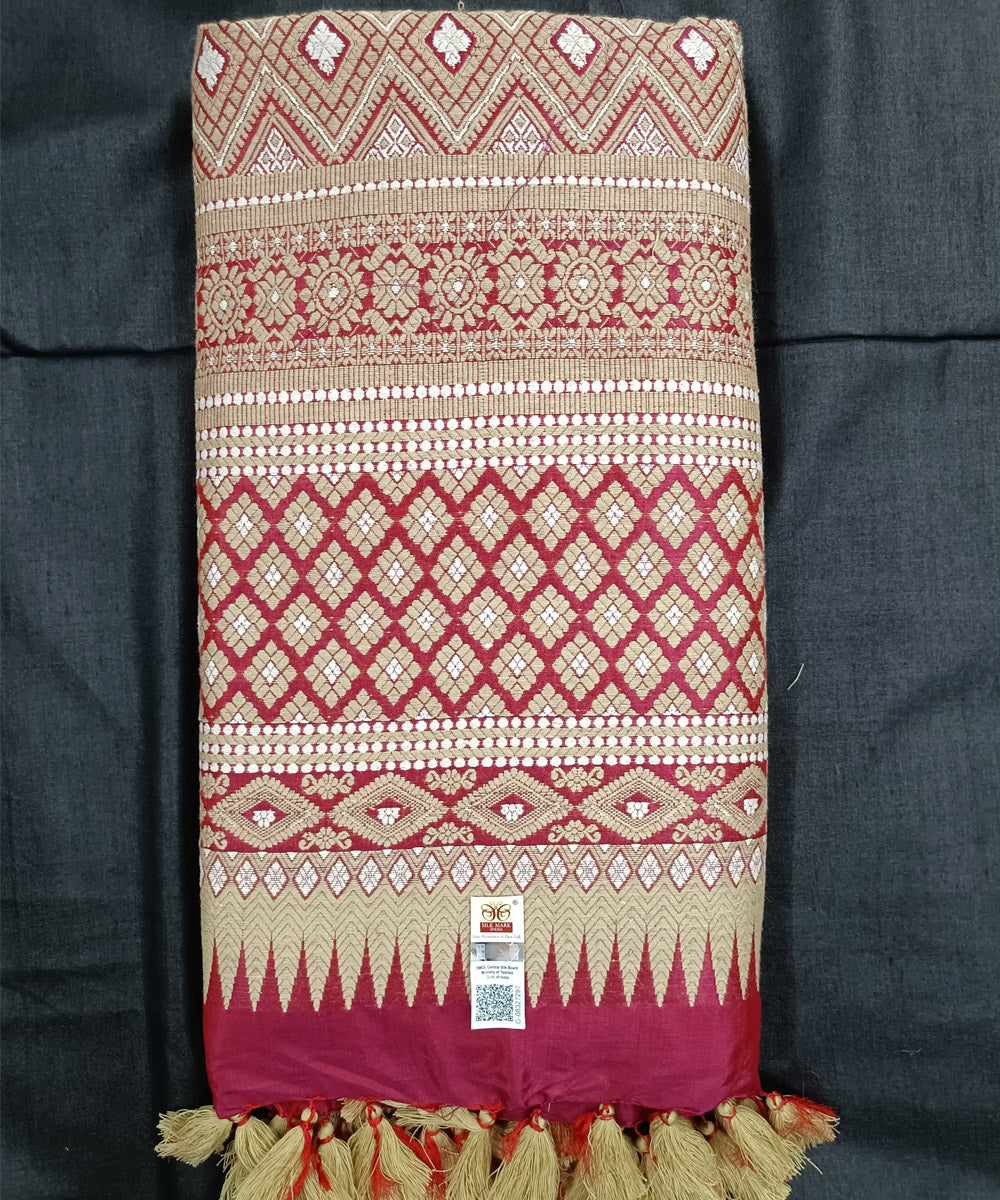 Red offwhite silk handwoven assam saree