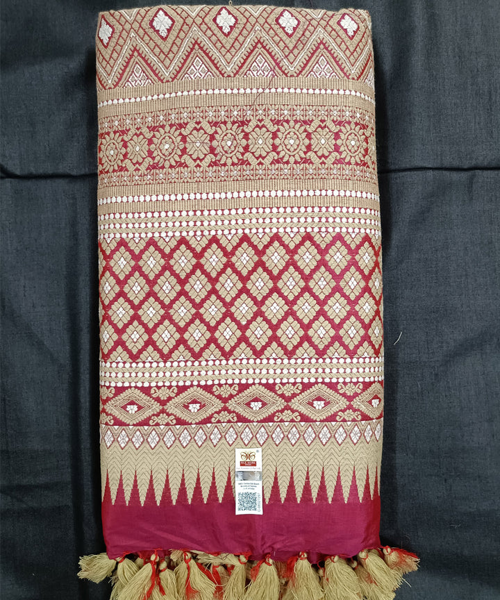 Red offwhite silk handwoven assam saree