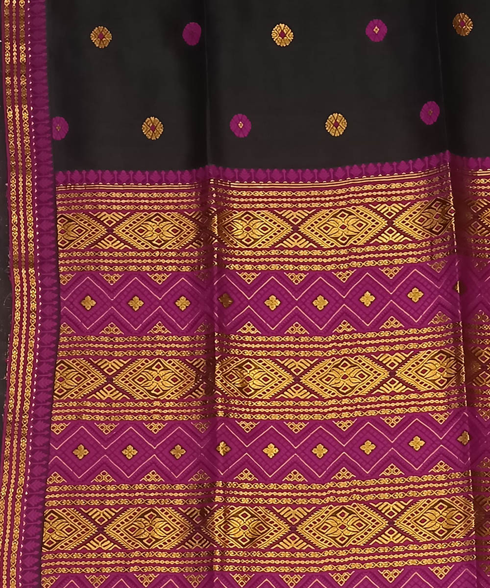 Black golden pink silk handloom assam saree