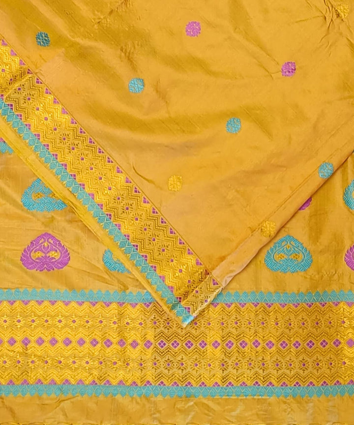 Yellow multicolour silk handloom assam saree