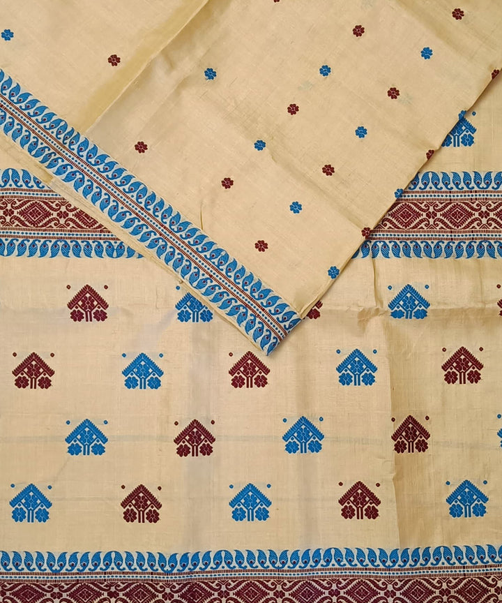 Beige sky blue silk handloom assam saree