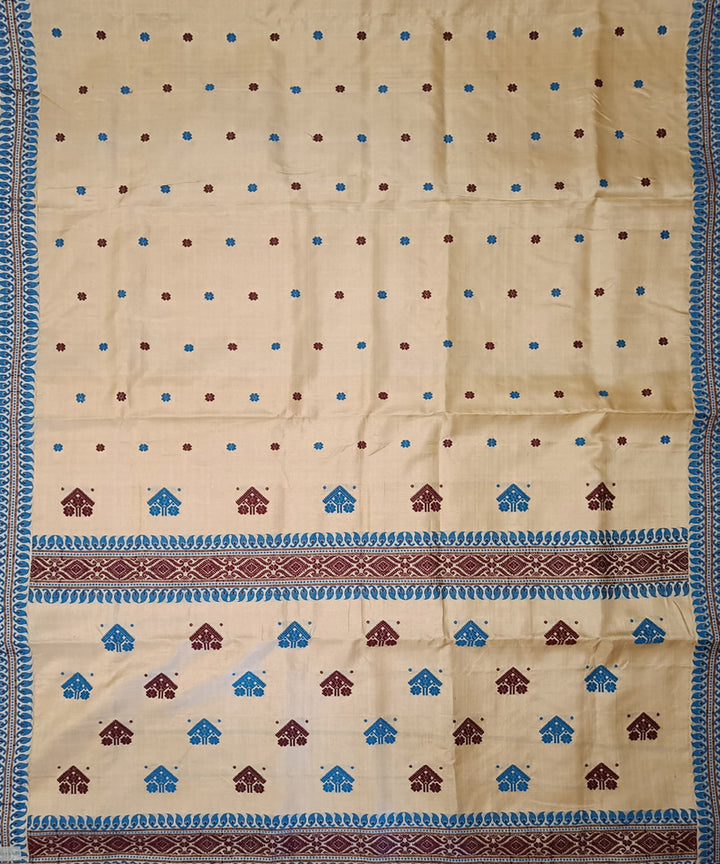 Beige sky blue silk handloom assam saree