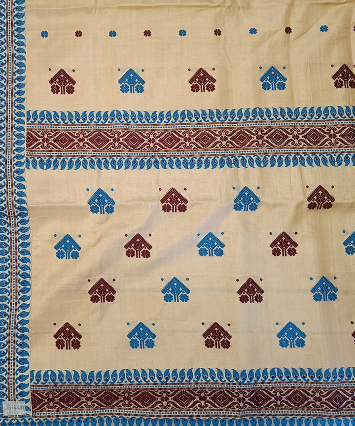 Beige sky blue silk handloom assam saree