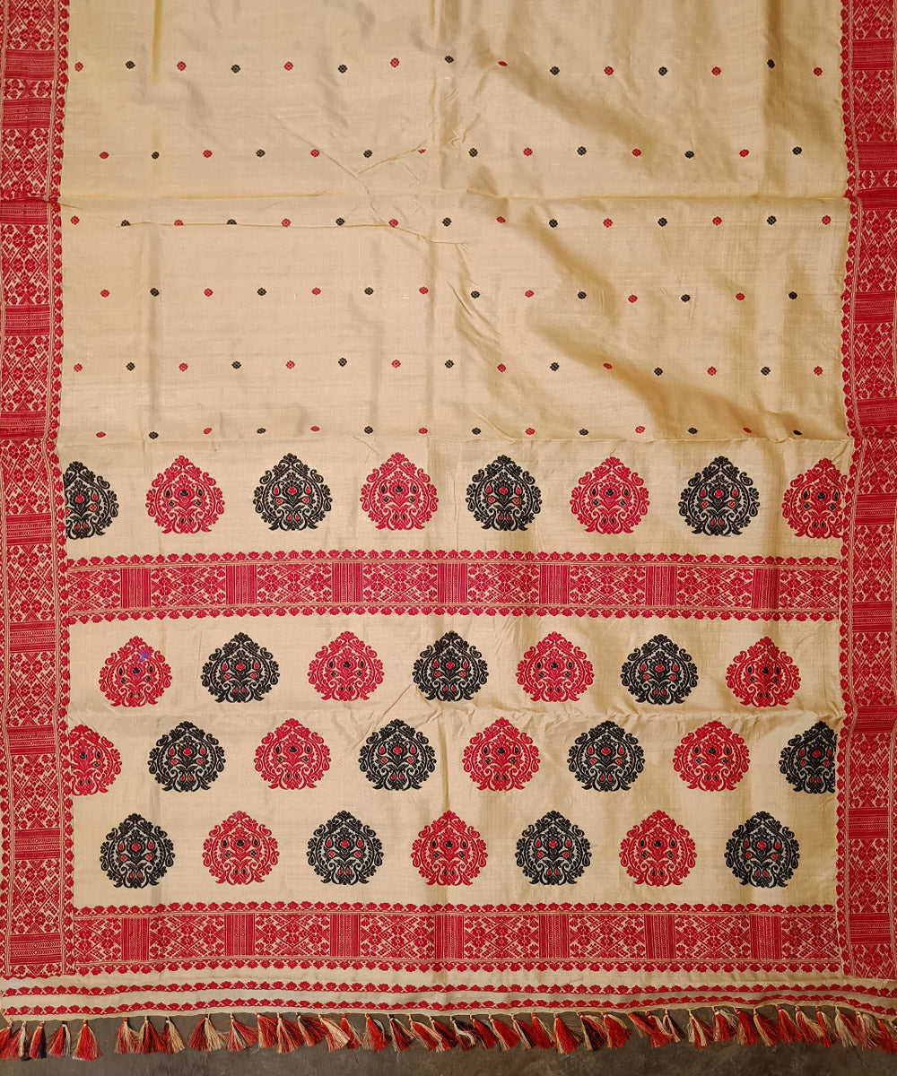 Beige red silk handloom assam saree