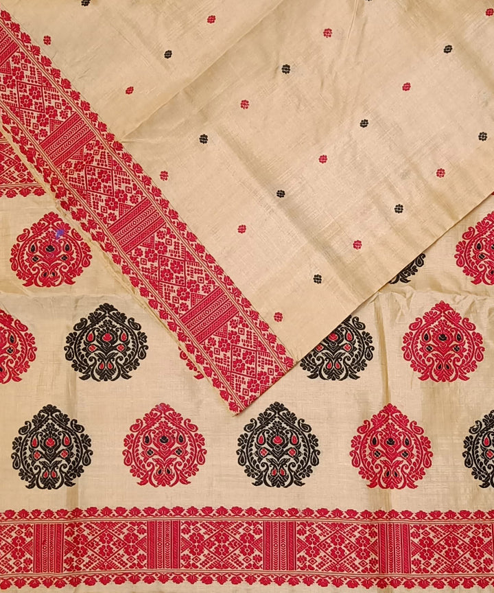 Beige red silk handloom assam saree