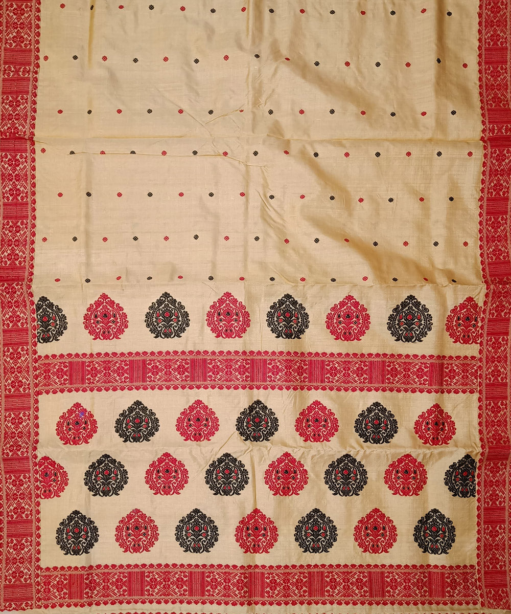 Beige red silk handloom assam saree