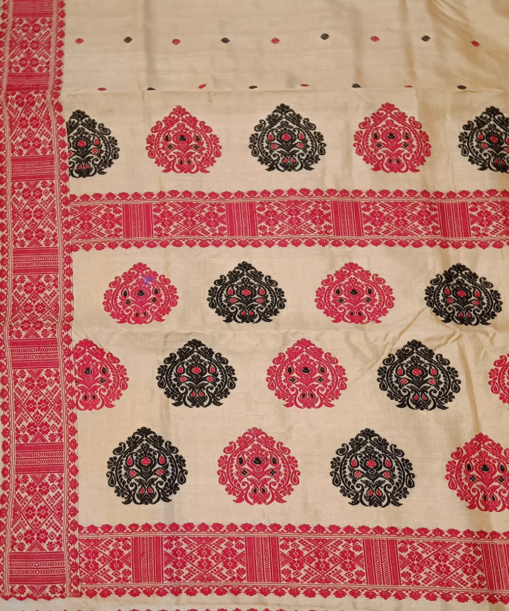 Beige red silk handloom assam saree