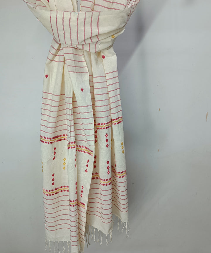 Cream red handloom cotton silk assam stole