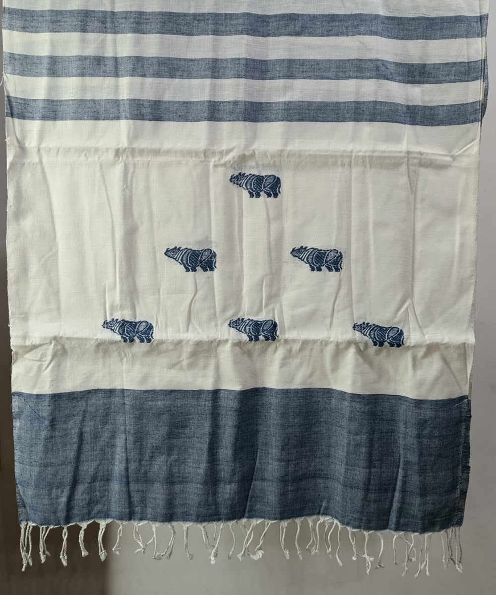 White blue handloom cotton silk assam stole