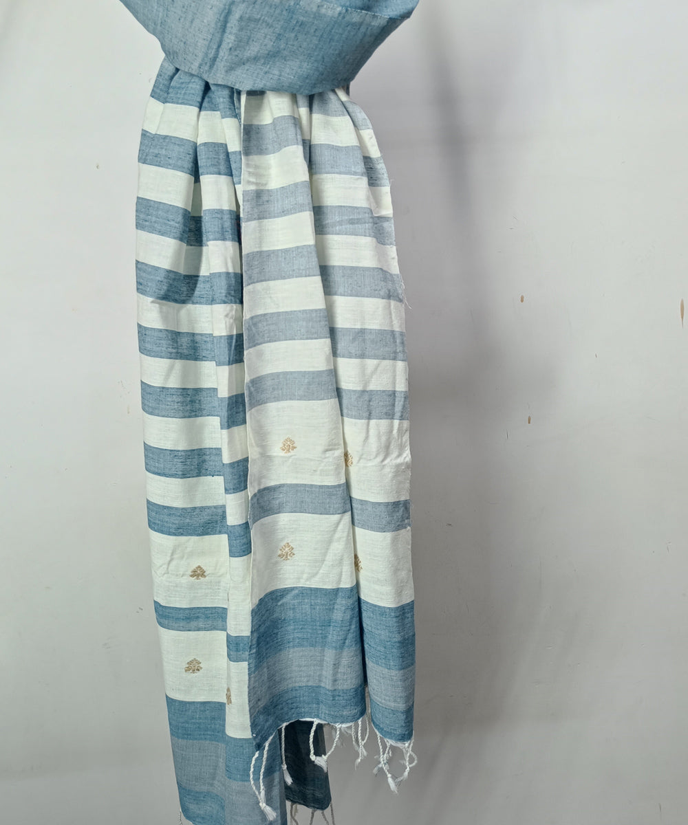 Sky blue white handloom cotton silk assam stole