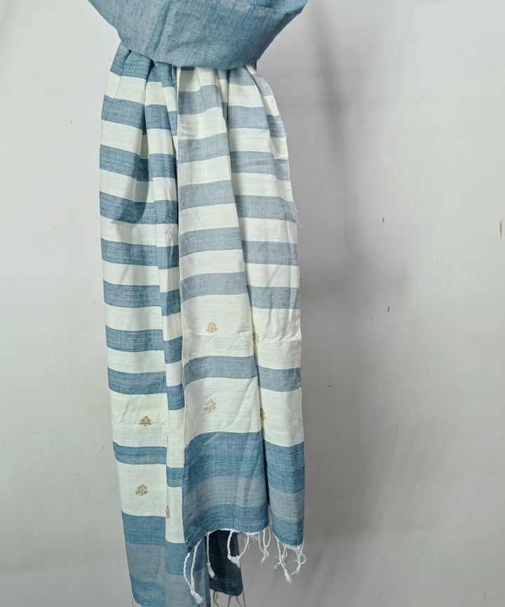 Sky blue white handloom cotton silk assam stole