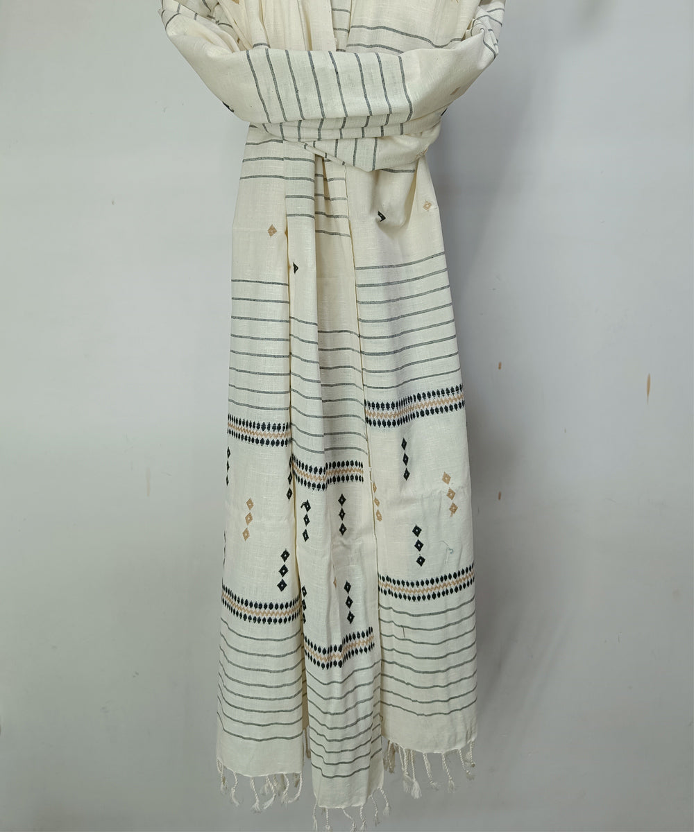 Cream black handloom cotton silk assam stole