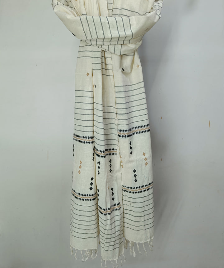 Cream black handloom cotton silk assam stole