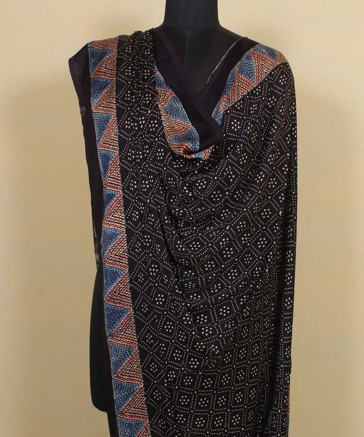 Black red indigo hand printed modal silk ajrakhdupatta