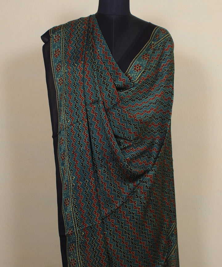 Indigo black green hand printed modal silk ajrakh dupatta