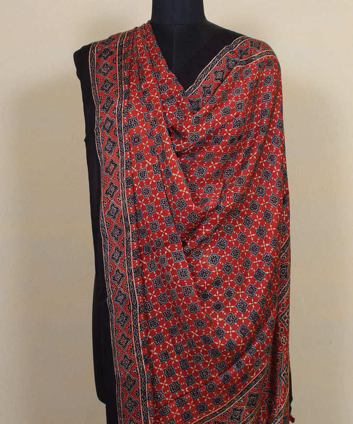 Red indigo hand printed ajrakh modal silk dupatta