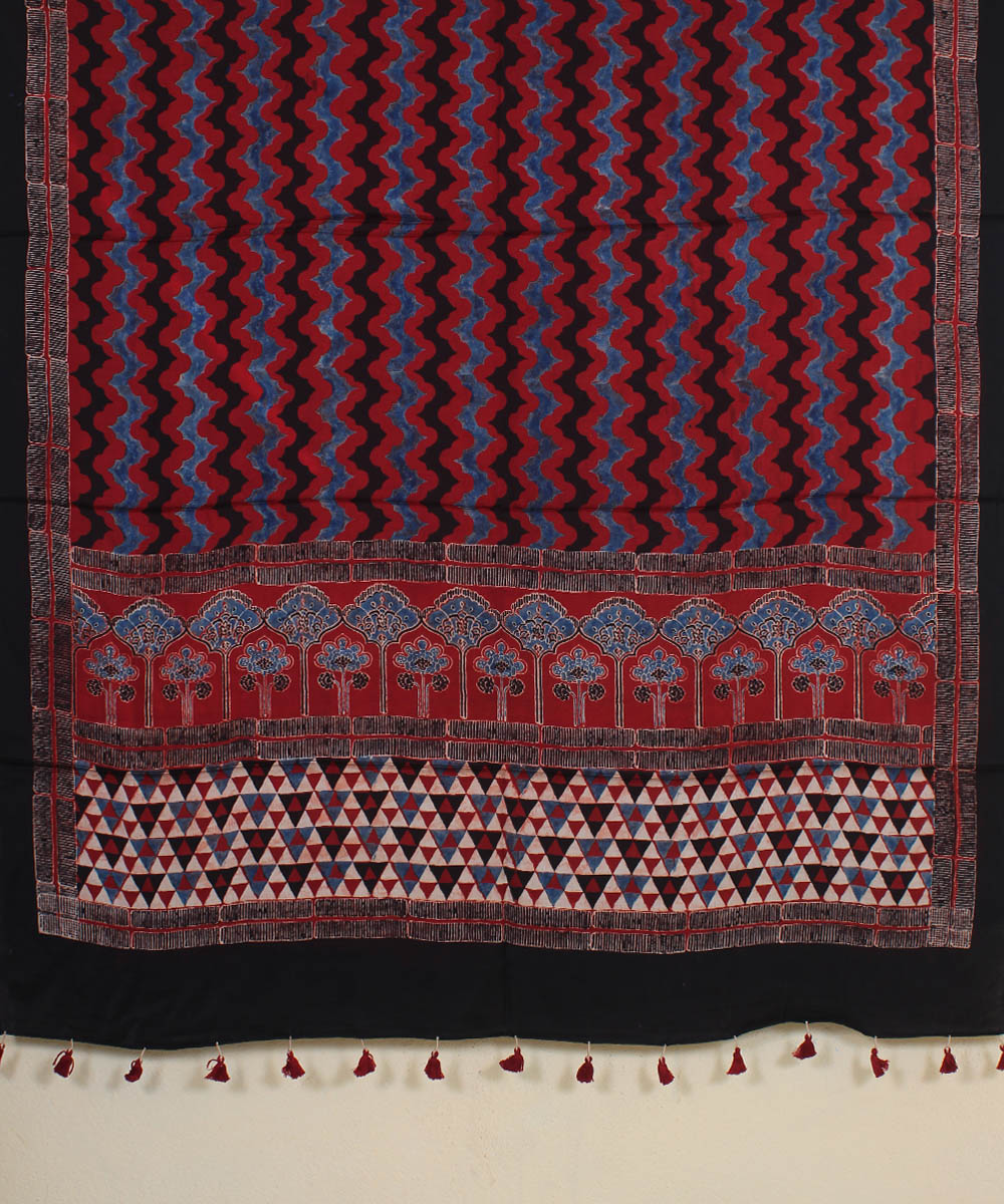 Black red blue wavy hand printed modal silk ajrakh dupatta