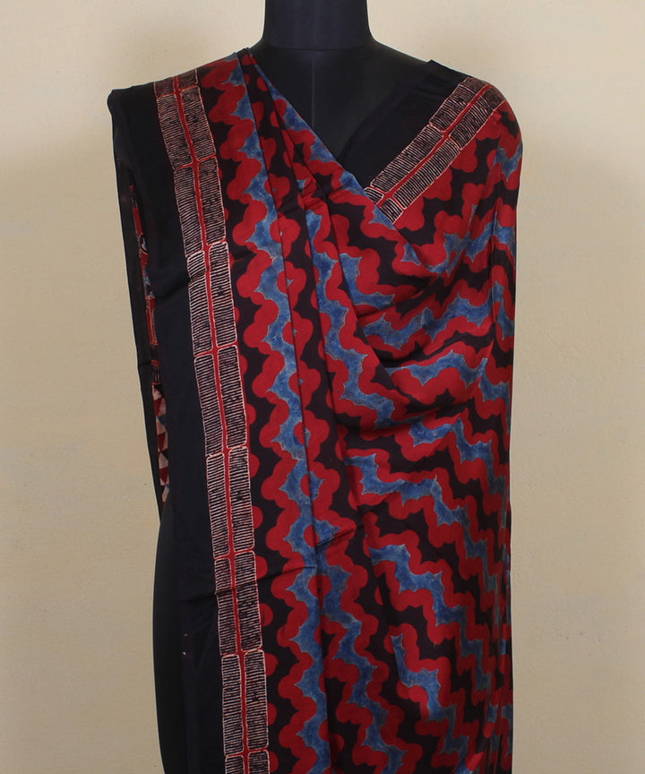 Black red blue wavy hand printed modal silk ajrakh dupatta