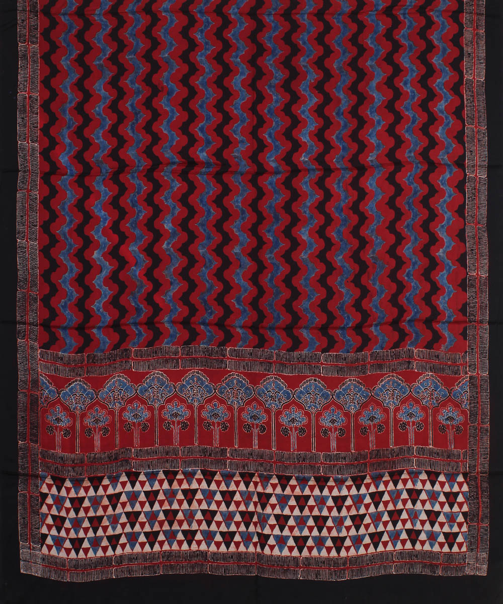 Black red blue wavy hand printed modal silk ajrakh dupatta