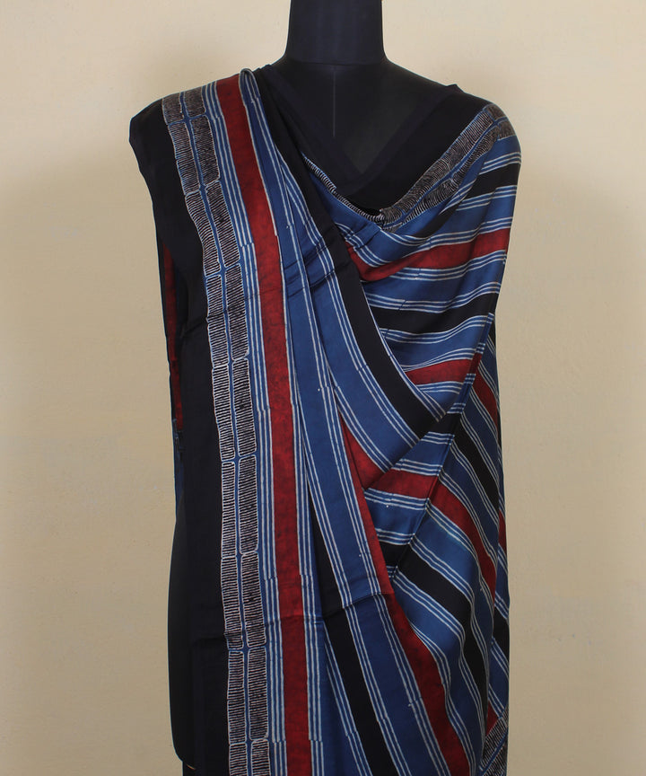 Navy blue red black stripe hand printed modal silk ajrakh dupatta