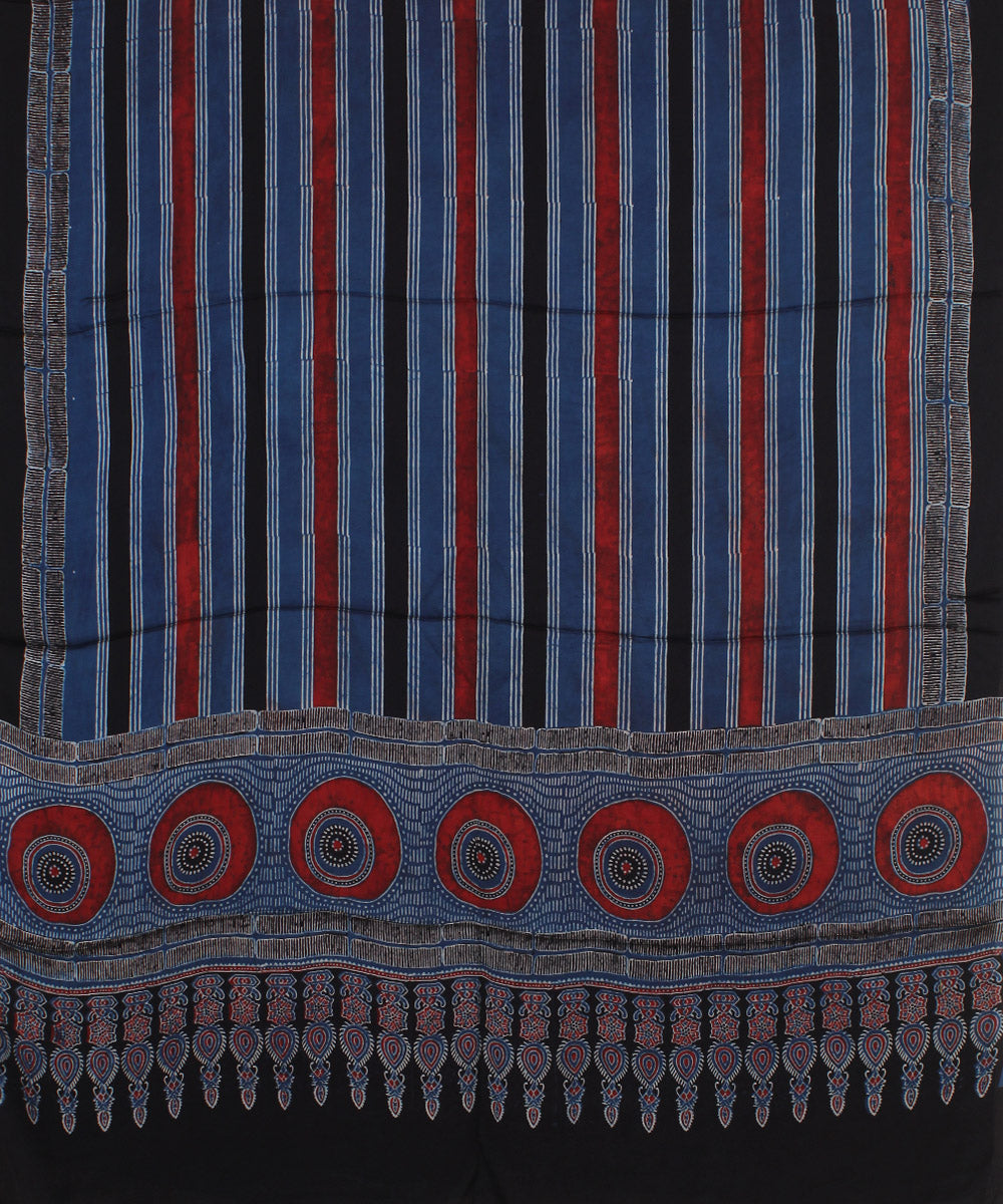 Navy blue red black stripe hand printed modal silk ajrakh dupatta